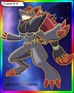anthro border breasts female gold_(metal) hair light multicolored_border nebula overlay_layer pose rainbow_border sky smile smiling_at_viewer thick_lineart under_boob baristagamerproductions nintendo pokemon generation_5_pokemon pokemon_(species) zoroark 4:5 absurd_res alternate_version_at_source hi_res lighting shaded