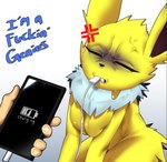 angry annoyed anthro big_breasts bodily_fluids breasts bulging_vein bunnemilk canid cellphone charger charging_phone clenched_teeth cross-popping_vein dialogue disembodied_hand duo eeveelution electronics eyelashes eyes_closed featureless_breasts female fur generation_1_pokemon human humor jolteon mammal neck_tuft nintendo phone pokemon pokemon_(species) profanity simple_background sitting solo_focus sweat sweatdrop teeth text thick_thighs tuft white_background white_body white_fur wide_hips yellow_body yellow_fur