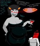 belly beverage black_hair breasts clothing dress drunk female food grey_body grey_skin hair horn inflation not_furry offscreen_character overweight seductive solo substance_intoxication text unknown_artist faygo homestuck ms_paint_adventures karkat_vantas terezi_pyrope alien alien_humanoid horned_humanoid humanoid troll_(homestuck) 2011 digital_media_(artwork) english_text portrait sketch three-quarter_portrait