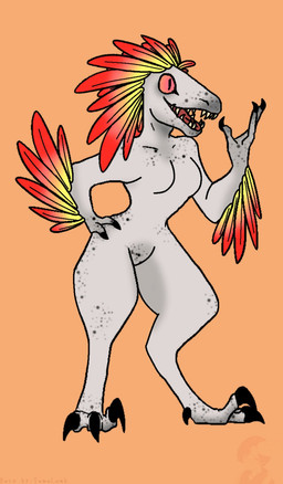 3_fingers 3_toes anthro arm_feathers arm_tuft black_claws breasts claws digitigrade feather_hair feathered_crest feathers feet female fingers freckled_chest freckled_crotch freckled_face freckled_hips freckled_legs freckled_shoulders freckled_thighs freckles hand_on_hip head_crest non-mammal_breasts nude open_mouth pink_eyes pseudo_hair pupils red_body red_feathers sharp_teeth slit_pupils solo speckled_body teeth toes tuft white_body yellow_body yellow_feathers turianwaifu halo_(series) microsoft xbox_game_studios zir-zen alien ibie'shan kig-yar scalie hi_res
