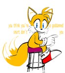 anthro blue_eyes fur furniture male profanity simple_background sitting sitting_on_stool smile solo stool text white_background yellow_body yellow_fur the-hydroxian sega sonic_the_hedgehog_(series) miles_prower canid canine fox mammal 2024 hi_res reaction_image