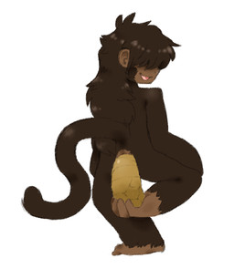 anthro anus brown_body brown_fur brown_hair brown_skin butt feces feces_on_body feces_on_feet feet fur hair hair_over_eyes long_hair looking_at_viewer male male_pooping on_one_leg open_mouth open_smile pooping pooping_on_self raised_tail scatplay simple_background smile solo standing tail white_background mvsnake haplorhine mammal monkey primate