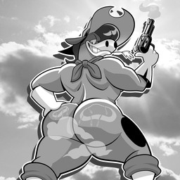 anthro back_muscles big_butt boots bottomless butt clothed clothing cowboy_hat footwear gloves grin gun hair half-closed_eyes handwear hat headgear headwear male mostly_nude muscular muscular_male musk narrowed_eyes ranged_weapon scarf shoes sky skyscape smile solo thick_thighs topless weapon ducknpluck holester equid equine mammal 1:1 black_and_white hi_res monochrome