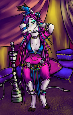 anklet anthro armlet belly_dancer bracelet breasts choker cleavage clothed clothing dancing female fur hair harem harem_outfit hookah jewelry necklace piercing pink_body pink_fur solo deervvitch dahlia_(deervvitch) camelid llama mammal