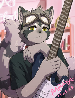 anthro black_nose blurred_background book cheek_tuft clothed clothing collar electric_guitar eyewear eyewear_on_head facial_tuft front_view fur glistening glistening_eyes goggles goggles_on_head green_body green_clothing green_eyes green_fur green_shirt green_t-shirt green_topwear grey_body grey_fur guitar holding_guitar holding_musical_instrument holding_object looking_at_viewer male mouth_closed musical_instrument plucked_string_instrument red_collar shirt solo string_instrument t-shirt topwear tuft papayafurry 2023 dated half-length_portrait hi_res portrait signature
