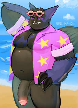 anthro balls beach black_body black_fur blue_body blue_fur claws clothed clothing fangs flaccid fur genitals glans male navel nipples open_clothing open_topwear outside partially_clothed penis public public_nudity slightly_chubby slightly_chubby_male solo teeth topwear vein veiny_penis k4non nintendo pokemon fang_alta_(mooglesforever27) generation_3_pokemon pokemon_(species) zangoose absurd_res hi_res