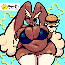 anthro belly big_belly big_breasts black_sclera blue_bra blue_clothing blue_panties blue_underwear bra breasts brown_body brown_ears burger clothing eyebrows eyelashes female food front_view hand_on_hip hand_on_own_hip holding_plate huge_breasts legwear navel one_eye_closed overweight overweight_anthro overweight_female panties pink_eyes pink_nose pink_tongue solo tan_ears tan_eyebrows text thick_thighs thigh_highs tight_clothing tongue tongue_out underwear white_clothing white_legwear white_thigh_highs wink squeezysquisher nintendo pokemon generation_4_pokemon lagomorph leporid lopunny mammal pokemon_(species) rabbit 1:1 2026 cel_shading colored digital_media_(artwork) english_text hi_res shaded