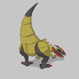 anus bent_over blush butt female feral genitals presenting presenting_anus presenting_hindquarters presenting_vulva raised_tail simple_background solo tail vulva omniferret nintendo pokemon generation_5_pokemon haxorus pokemon_(species) scalie 1:1 absurd_res hi_res