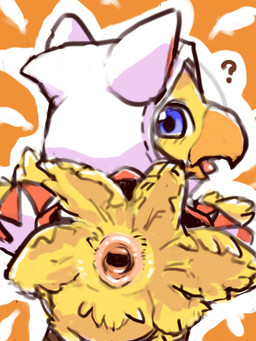 animal_genitalia beak biped bipedal_feral blue_eyes cloaca cloak clothed clothed_feral clothing female feral gaping gaping_cloaca genitals hooded_cloak light_blush looking_back open_beak open_mouth orange_background question_mark rear_view simple_background solo tongue_showing white_cloak white_clothing young young_female young_feral diru final_fantasy square_enix avian chocobo 3:4 digital_drawing_(artwork) digital_media_(artwork) hi_res