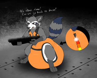 anthro big_diaper clothing diaper excessive_feces feces full_diaper gun huge_diaper hyper hyper_diaper hyper_feces hyper_soiling male metal_floor onesie ranged_weapon soiled_diaper soiling solo stretched_clothing text unclean_diaper used_diaper weapon zipper pidgopidgey_(artist) guardians_of_the_galaxy marvel rocket_raccoon mammal procyonid raccoon