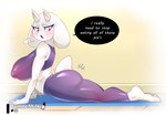 anthro big_breasts blush bottomwear breasts clothing dialogue feet female horn pants red_eyes solo speech_bubble tail text yoga yoga_pants bunnemilk deltarune undertale undertale_(series) toriel bovid caprine goat mammal digital_media_(artwork) english_text hi_res