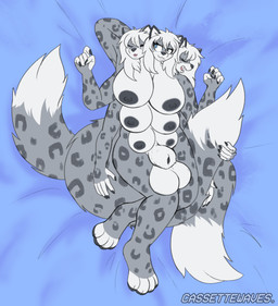 3_heads 6_arms 6_breasts animal_genitalia anthro breasts fur genitals grey_body grey_fur gynomorph hair half_asleep intersex lying multi_arm multi_breast multi_head multi_limb multi_tail on_back sheath sleeping snoring solo tail white_hair cassettewaves felid mammal pantherine snow_leopard hi_res