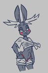 2024 2_horns angel_hare anthro antlers biped bottomwear breasts buckteeth clothed clothing cutoffs demon demon_hare_(soulcentinel) denim denim_bottomwear denim_clothing eyebrows fan_character female half-closed_eyes hand_on_hip hand_on_own_hip hare horn jackalope lagomorph leporid looking_aside lucy_(soulcentinel) mammal markings midriff narrowed_eyes red_clothing red_markings red_thong red_underwear shirt shorts simple_background skimpy solo soulcentinel spot_color standing teeth the_east_patch thong thong_straps tied_shirt topwear underwear