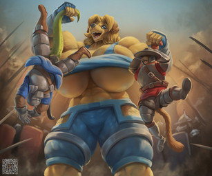 abs ambiguous_gender anthro armor biceps big_breasts blonde_hair blue_eyes boots bottomwear breastplate breasts clothed clothing fangs female female_focus fingerless_gloves footwear fur gloves greaves group hair handwear headgear helmet holding_character huge_breasts hyper hyper_breasts macro male melee_weapon midriff muscular muscular_female open_mouth open_smile outside polearm qr_code quads raised_clothing raised_shirt raised_tank_top raised_topwear shield shirt shoes shorts size_difference smile tail tank_top teeth topwear under_boob vambrace weapon yellow_body yellow_fur noblewolfa dog_knight_rpg jeane_(ceehaz) bird_dog canid canine canis domestic_dog golden_retriever hunting_dog mammal retriever scalie 2025 6:5