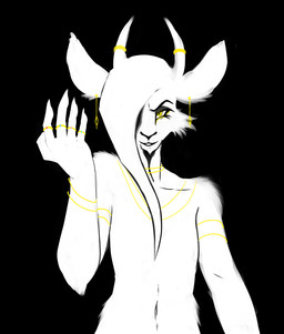 2_horns anthro biped black_background bracelet cheek_tuft claws ear_piercing eyebrows facial_hair facial_tuft goatee hair hair_over_eye horn horn_jewelry horn_ring jewelry jewelry_only long_hair looking_at_viewer male navel necklace piercing ring ring_(jewelry) simple_background solo tuft crackers_(artist) bovid caprine goat mammal 2026 hi_res restricted_palette