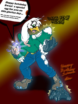 anthro beak biped birthday clothing egg front_view gift magic male note solo text torn_clothing transformation catmonkshiro anatid anseriform anserine avian bird mute_swan swan 3:4 digital_media_(artwork) english_text full-length_portrait portrait