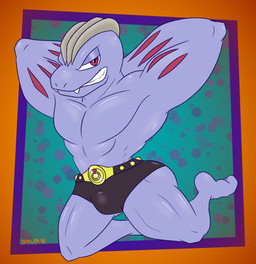 abstract_background anthro belt bone_frill bulge clothing fangs flexing frill_(anatomy) glistening glistening_body glistening_muscles grey_body grey_skin hands_behind_head kneeling male markings muscular red_eyes red_markings smug solo speedo swimwear teeth toony gavanzude nintendo pokemon generation_1_pokemon machoke pokemon_(species) alternate_version_at_paywall digital_drawing_(artwork) digital_media_(artwork) hi_res signature
