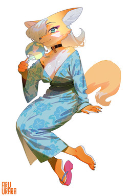 4_fingers anthro asian_clothing blush blush_lines breasts choker clothing east_asian_clothing exposed_shoulder female fingers footwear fur geta green_eyes hair hand_fan inner_boob japanese_clothing jewelry kemono looking_at_viewer natural_breasts necklace one_eye_obstructed orange_body orange_fur simple_background sitting solo tail white_background white_body white_fur white_hair yukata aruurara liina_(aruurara) canid canine fox mammal 2025 hi_res