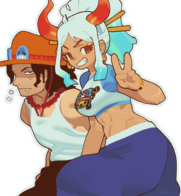 abs beaded_jewelry beaded_necklace beads bracelet circle clenched_teeth clothed clothing crop_top duo ear_piercing ear_ring female freckled_face freckles gesture hand_gesture hand_in_pocket horn jewelry looking_at_viewer male male/female necklace not_furry outline partially_clothed piercing pockets ring_piercing scar scars_all_over shirt simple_background smile smiling_at_viewer tank_top teeth teeth_showing toothy_grin topwear v_sign white_background inksaji mythology one_piece portgas_d._ace tony_tony_chopper yamato_(one_piece) human humanoid mammal