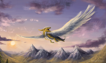 ambiguous_gender cloud feathered_wings feathers feral flying landscape long_neck mountain open_mouth quadruped scales sky solo sun tail wings yellow_body yellow_scales fexneel_denisse european_mythology mythology dragon feathered_dragon feathered_scalie mythological_creature mythological_scalie scalie western_dragon 2021 digital_media_(artwork) hi_res watermark