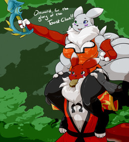 alternate_color anthro armwear asian_clothing big_breasts black_nose blue_eyes bread breasts bridal_gauntlets brown_eyes chinese_clothing chinese_dress cleavage clothed clothing dress duo east_asian_clothing female food fur green_background green_eyes grey_body grey_fur hand_on_hip heterochromia legwear male markings melee_weapon multi_tail navel omega_symbol open_mouth outside purple_markings red_body red_fur simple_background sitting smile sword tail teeth text tongue tuft weapon white_body white_fur wide_hips nightfaux bandai_namco digimon callista_(argonius_doge) deacon_(argonius_doge) fan_character canid canine digimon_(species) mammal renamon 2016 digital_media_(artwork) english_text hi_res lol_comments
