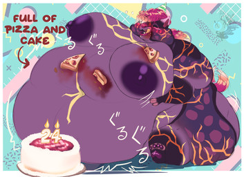 anthro belly big_belly big_breasts big_butt big_nose birthday black_body black_fur breasts butt cake clothing dark_nipples dessert fangs feederism female food fur fur_markings golden_markings grey_body grey_fur hair hat headgear headwear licking licking_lips lips markings morbidly_obese morbidly_obese_anthro morbidly_obese_female nipples nude obese obese_anthro obese_female onomatopoeia overweight overweight_anthro overweight_female party_hat pawpads paws pizza purple_body purple_fur purple_nipples purple_pawpads red_hair simple_background small_tail solo sound_effects spots spotted_body spotted_fur tail tail_motion tailwag teeth text thick_lips thick_thighs tongue tongue_out wide_hips lionberrymochi taiga_nakayama canid canine hyena mammal spotted_hyena absurd_res hi_res