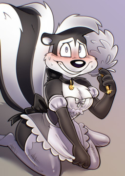 anthro apron big_breasts big_tail biped black_body black_fur blush bodily_fluids bow_accessory breasts chest_tuft cleaning_tool clothed clothing collar crossdressing crossgender dress ears_down embarrassed feather_duster female female_anthro fur holding_object legwear looking_at_viewer mtf_crossgender pivoted_ears sitting smile solo stockings sweat sweaty_face tail teeth thick_thighs tuft white_body white_fur wide_hips jusrhkuhoh looney_tunes warner_brothers pepe_le_pew mammal mephitid skunk hi_res male_(lore)