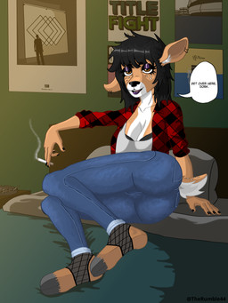 anthro bangs bed bedroom_eyes black_hair bottomwear bra brown_body brown_eyes brown_fur butt cartoon_freckles casual_clothing cigarette clothed clothing colored_nails dark_hair denim denim_bottomwear denim_clothing dialogue ear_piercing eyelashes eyeliner eyeshadow female fishnet_clothing freckled_face freckled_tail freckles fur furniture glistening_eyelids hair hooves inside jeans layered_clothing lipstick long_eyelashes long_hair makeup markings music nails narrowed_eyes open_clothing open_shirt open_topwear pants pattern_clothing pattern_shirt pattern_topwear piercing plaid plaid_clothing plaid_shirt plaid_topwear poster purple_eyeshadow relaxed_expression seductive shirt sitting smoke smoking solo speech_bubble spot_freckles spots spotted_face spotted_markings spotted_tail tail tail_markings tank_top topwear underwear therumble44 title_fight nora_(therumble44) deer mammal new_world_deer white-tailed_deer 3:4 absurd_res hi_res