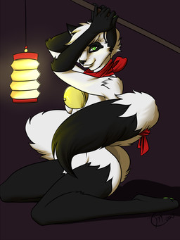 anthro big_tail biped black_background black_body black_fur black_nose black_tail breasts clothing female fluffy fluffy_tail fur green_eyes hair holding_object kerchief kneeling lamp lantern long_tail looking_at_viewer multicolored_body multicolored_fur multicolored_tail neckerchief neckwear nude pose pupils simple_background slit_pupils solo tail two_tone_body two_tone_fur two_tone_tail white_body white_fur white_hair white_tail midnightdraven domestic_cat felid feline felis mammal 2013 3:4 digital_media_(artwork) full-length_portrait portrait signature