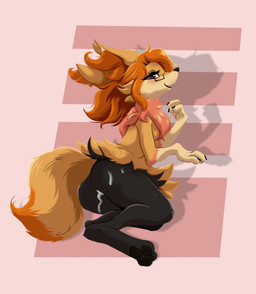 anthro bedroom_eyes blush bodily_fluids breasts butt cum cum_from_vagina cum_in_vagina cum_inside cum_on_butt cum_string eyewear eyewear_only feet female fingers fur genital_fluids genitals glasses glasses_only hair leaking_cum looking_at_viewer lying narrowed_eyes nude on_side open_mouth pawpads seductive small_breasts smile solo tail toes vulva wearing_glasses yellow_body yellow_fur el-gallo nintendo pokemon braixen canid canine generation_6_pokemon mammal pokemon_(species) digital_media_(artwork) hi_res