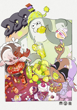 5_fingers biped black_eyes bowl cake chili_pepper clothed clothing container cup cutlery dark_body dark_skin dessert drinking_straw ear_piercing eating eyes_closed female feral fingers food fork fruit glass glass_container glass_cup grey_body group hat headgear headwear holding_object hot_sauce kitchen_utensils lemon male open_mouth pepper_(fruit) piercing plant pseudo_hair red_eyes spoon teeth tentacle_hair tentacles tongue tools trio unknown_artist nintendo splatoon big_man_(splatoon) deep_cut_(splatoon) frye_(splatoon) shiver_(splatoon) animal_humanoid aquatic aquatic_humanoid cephalopod cephalopod_humanoid fish humanoid inkling manta_ray mollusk mollusk_humanoid octarian octoling ray_(fish) 2023 digital_media_(artwork) hi_res official_art shaded simple_shading