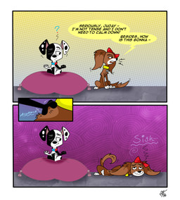 black_spots bow_ribbon brown_body brown_fur collar dialogue duo female feral floppy_ears fluffy_ears fur male markings meditation question_mark red_bow spots spotted_body spotted_fur tail text toony two_tone_face white_body white_fur white_snout yellow_collar unclescooter 101_dalmatian_street 101_dalmatians disney cleo_(cartooncross) deepak_(101_dalmatians) fan_character canid canine canis dalmatian domestic_dog mammal mixed_breed comic english_text hi_res