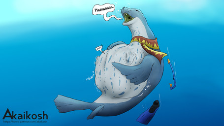 after_vore ambiguous_gender belly big_belly blue_background blue_body blue_fin blue_stripes diving_fins diving_gear duo eyes_closed feral feral_pred green_internal open_mouth scarf simple_background snorkel stripes teeth underwater vore water whiskers white_belly akaikosh aquatic leopard_seal mammal pinniped seal 2024 watermark