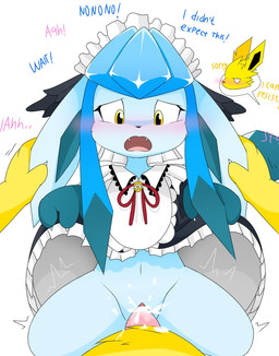anthro blue_body blue_fur blush bodily_fluids clothed clothing cum cum_in_vagina cum_inside cute_fangs dialogue duo fangs female female_anthro female_penetrated first_person_view forced fur genital_fluids holding_ear holowear_(pokemon) leaking_cum looking_at_viewer maid_uniform male male/female male_penetrating male_penetrating_female male_pov open_mouth penetration penile penile_penetration penis_in_vagina pokemorph rape sex simple_background teeth text uniform unwanted_cum_inside vaginal vaginal_penetration white_background white_sclera yellow_body yellow_eyes nakachidragon nintendo pokemon pokemon_unite blizzy_(naka) tea_party_style_glaceon volta_(naka) eeveelution generation_1_pokemon generation_4_pokemon glaceon jolteon pokemon_(species) colored english_text hi_res