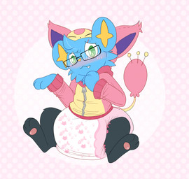 3_fingers 3_toes ambiguous_gender big_diaper black_body black_fur blue_body blue_fur blush blush_lines bodily_fluids clean_diaper clothed clothing costume diaper dotted_background eyewear feet feral fingers fur glasses green_eyes hand_on_face head_tilt head_tuft hoodie multicolored_body multicolored_fur pattern_background pawpads pink_clothing pink_hoodie pink_pawpads pink_topwear pokemon_costume seam_(sewing) simple_background sitting snaggle_tooth solo sweat sweatdrop tail toes topwear tuft wearing_diaper wearing_glasses yellow_inner_ear yellow_nose zipper jupiters nintendo pokemon spark_swiftpaw generation_3_pokemon generation_4_pokemon pokemon_(species) shinx skitty 2025 full-length_portrait hi_res portrait