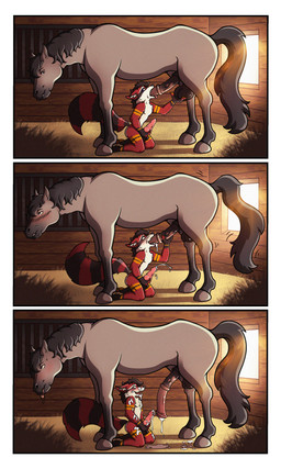 animal_genitalia animal_penis anthro anthro_on_feral anthro_penetrated balls bestiality bodily_fluids cum duo equine_genitalia equine_penis fellatio feral feral_penetrating feral_penetrating_anthro genital_fluids genitals horse_cum knot male male/male oral penetration penile penis sex sheath snout sucking aartmoore akira_(character) equid equine horse hybrid mammal procyonid raccoon 3:5 absurd_res comic hi_res