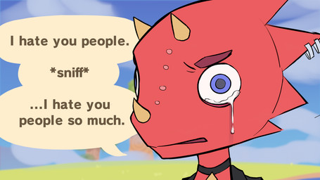 2_horns anguish anthro black_clothing black_collar black_jacket black_topwear blue_eyes bodily_fluids clothing collar crying facial_horn furgonomic_piercing furgonomics horn jacket male nose_horn piercing pupils red_body red_scales sad scales solo tears text topwear yellow_horn icantseehelp animal_crossing nintendo flick_(animal_crossing) chameleon lizard reptile scalie 16:9 2025 english_text headshot_portrait hi_res portrait reaction_image widescreen