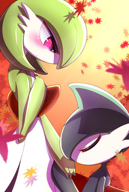 autumn_leaves blush clothing dress duo eyes_closed female green_hair hair hand_on_chest kiss_on_hand kissing kneeling male male/female not_furry red_eyes romantic romantic_ambiance romantic_couple sunset white_body white_skin tsukkong nintendo pokemon gallade gardevoir generation_3_pokemon generation_4_pokemon pokemon_(species) hi_res