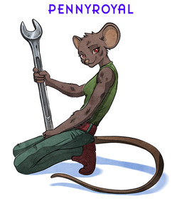 anthro belt boots bottomwear brown_body brown_fur clothing crouching dirty eyelashes female female_anthro footwear fur green_top hair long_tail looking_at_viewer mechanic pants purple_text red_eyes shirt shoes short_hair simple_background smile solo tail tank_top text tools topwear white_background wrench ashpond pennyroyal mammal mouse murid murine rodent 2026 english_text hi_res
