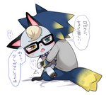 anthro blonde_hair blue_body blue_fur blush duo eyewear fur glasses grey_body grey_fur hair heterochromia hug interspecies male male/male on_lap paws text nobinolife animal_crossing nintendo raymond_(animal_crossing) wolfgang_(animal_crossing) canid canine canis domestic_cat felid feline felis mammal wolf japanese_text translation_check translation_request