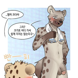 age_difference anthro balls bath bathhouse blush blush_lines bodily_fluids circumcised cute_fangs darkened_balls darkened_genitalia darkened_penis duo exposure_to_minor fangs fur genitals humanoid_genitalia humanoid_penis kemono male male/male markings neighbor nude nude_anthro nude_male pecs penis public public_bath public_nudity spots spotted_body spotted_fur stare sweat sweatdrop tail teeth text time_lapse towel towel_around_neck young young_anthro young_male bingsu_19 cheetah felid feline hyena mammal spotted_hyena 1:1 hi_res korean_text translated