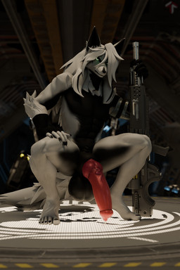 animal_genitalia animal_penis anthro athletic athletic_male autocannon balls big_balls black_body canine_genitalia canine_penis crouching fur genitals glowing glowing_eyes hair knot knotted_penis long_hair looking_at_viewer male nude penis solo white_body white_fur golem_(artist) petruz_(modeler) helldivers tiangou_(petruz) canid canine canis mammal wolf absurd_res hi_res