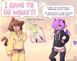 anthro bat_wings black_clothing black_footwear black_hoodie black_topwear bottomwear breasts brown_body brown_ears brown_fur brown_hair brown_tail clothed clothing cute_fangs fangs fingers footwear fur green_clothing green_hoodie green_topwear group hair hoodie legwear membrane_(anatomy) membranous_wings pink_tentacles pink_tongue purple_hair skirt tail teeth tentacles text thigh_highs tongue topwear trio white_clothing white_legwear white_thigh_highs wings yellow_clothing yellow_hoodie yellow_topwear hoodie_(artist) gameoverse glitch_productions kit_bodega demon domestic_cat elf felid feline felis humanoid mammal 2026 crossover english_text hi_res url
