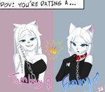 anthro armwear big_breasts blue_eyes breasts chain clothing collar duo female femboy first_person_view fur hair male smile smirk tomboy white_body white_fur white_hair yeetboi420z dakota_(yeetboi420z) devin_(yeetboi420z) felid feline mammal hi_res meme