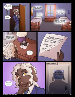 5_fingers accessory anthro black_border border bottomwear breasts brown_body brown_skin butt camera cellphone clothed clothing dialogue dormitory electronics female fingers fur hair letter multicolored_body multicolored_fur necktie page_number phone school_uniform shirt skirt smartphone solo text topwear uniform white_body white_fur white_wool wool_(fur) conditional_dnp kadath gabby_(kadath) bovid caprine mammal sheep comic digital_media_(artwork) english_text hi_res shaded url