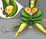 absurd_res after_sex after_vaginal ahegao anthro anus areola blush bodily_fluids breasts butt cum cum_drip cum_in_pussy cum_inside disembodied_head dripping female generation_5_pokemon genital_fluids genitals green_body heart_symbol hi_res leavanny looking_pleasured medium_breasts nintendo pokemon pokemon_(species) pussy rusoide simple_background solo sweat sweatdrop sweaty_butt tears tears_of_pleasure throbbing tongue tongue_out vaginal_fluids yellow_body