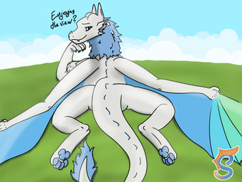 blue_body blue_fur ear_tuft facial_horn fangs female feral fur grass green_body green_fur head_on_hand horn looking_at_viewer lying makeup multicolored_body multicolored_fur neck_tuft nose_horn nude on_front pawpads plant sky skyscape smile solo spikes spikes_(anatomy) spread_legs spread_wings spreading tail tail_tuft teeth text tuft white_body white_fur wings serdagonn mythology sky_(sky_lizard) dragon furred_dragon furred_scalie mythological_creature mythological_scalie scalie 2026 4:3 digital_drawing_(artwork) digital_media_(artwork) hi_res signature