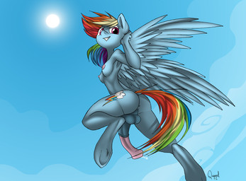 animal_genitalia animal_penis anthro anthrofied anus biped blue_body blue_feathers bodily_fluids breasts butt cloud cutie_mark equine_genitalia equine_penis erection feathered_wings feathers genital_fluids genitals gynomorph hair hooves intersex looking_at_viewer multicolored_hair nipples penis precum sky smile solo sun underhoof wings nsfwquynzel friendship_is_magic hasbro my_little_pony mythology rainbow_dash_(mlp) equid equine mammal mythological_creature mythological_equine pegasus 2016
