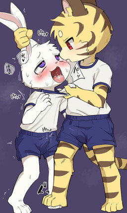 anthro blush bodily_fluids bulge clothing dominant dominant_young duo ear_pull erection erection_under_clothing heart_eyes heart_symbol male male/male masochism spitting spitting_in_mouth sweat tears young zaramecatnyar felid lagomorph leporid mammal pantherine rabbit tiger absurd_res hi_res