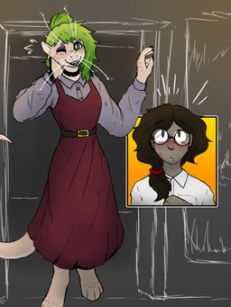 anthro blush clothed clothing crossdressing dress duo eyeshadow eyewear freckled_face freckles glasses green_hair hair leaning leaning_on_wall makeup male paws piercing purple_eyeshadow shirt shy simple_background standing surprised tail topwear whiskers kawattame voices_of_the_void dr._kel ludano_onaeh alien ariral felid feline human humanoid mammal 3:4 colored digital_drawing_(artwork) digital_media_(artwork) hi_res